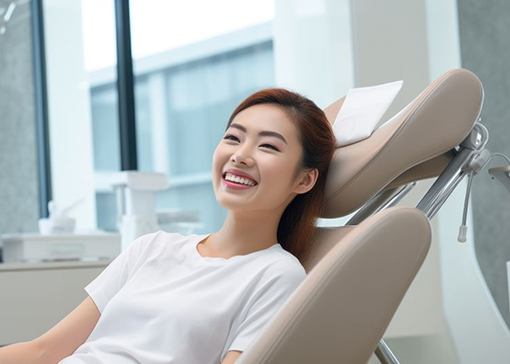 Happy, smiling dental patient in treatment chair