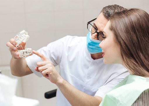 Dentist showing patient a dental implant supported fixed bridge